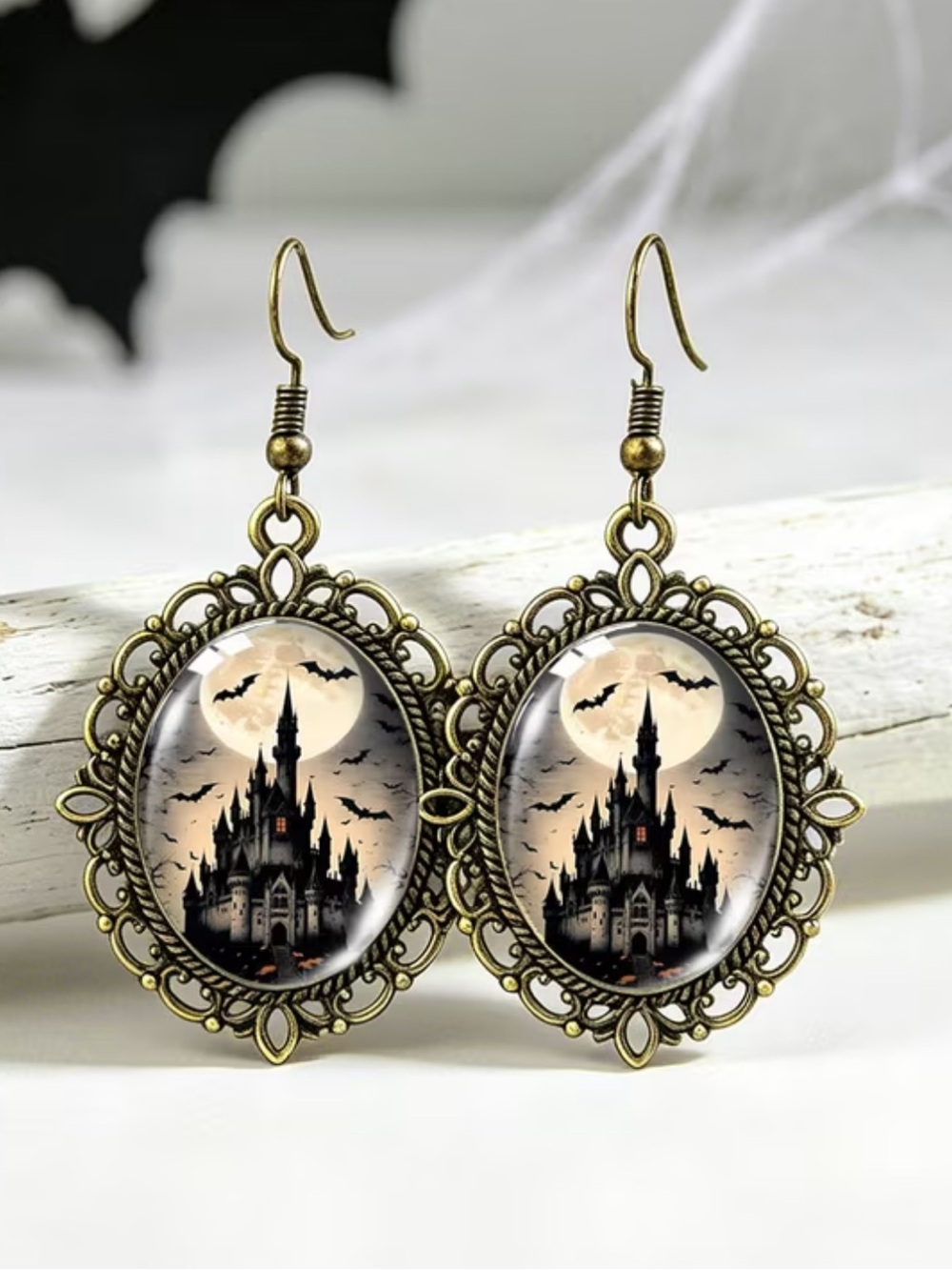 🦇 Vintage Bronze Halloween Castle Drop Earrings - Black and Cream